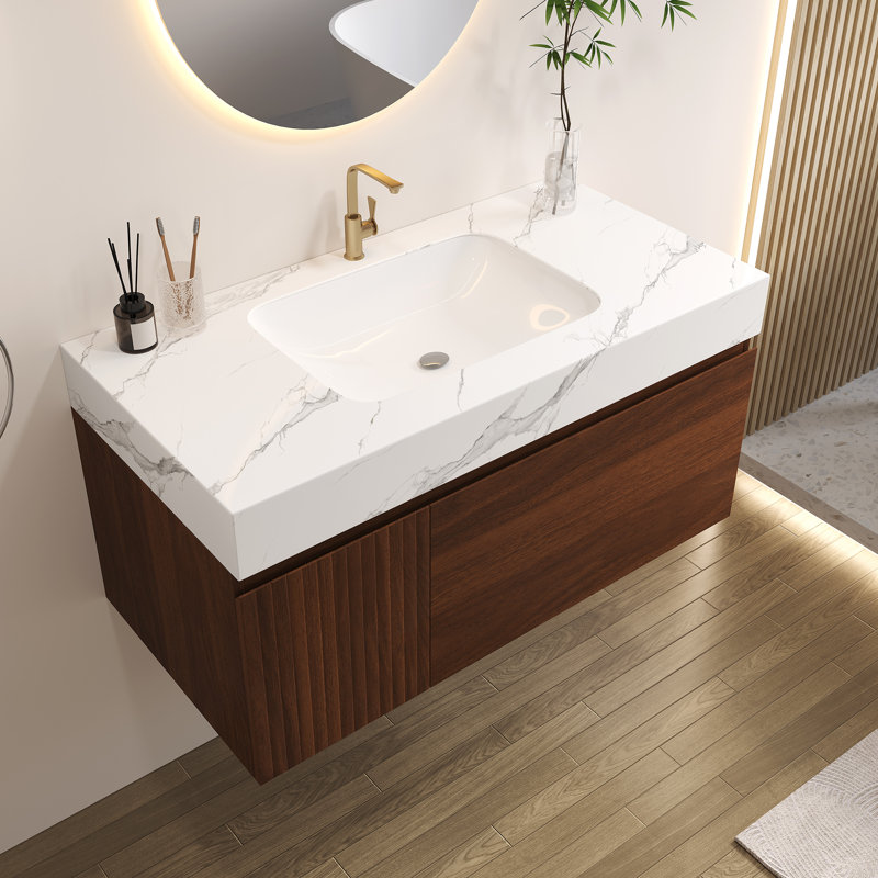 Meuble-lavabo suspendu de 91 cm (36 po) avec dessus en pierre frittée sans joint et lavabo en céramique – 1 tiroir à fermeture douce + 1 armoire, fixation murale