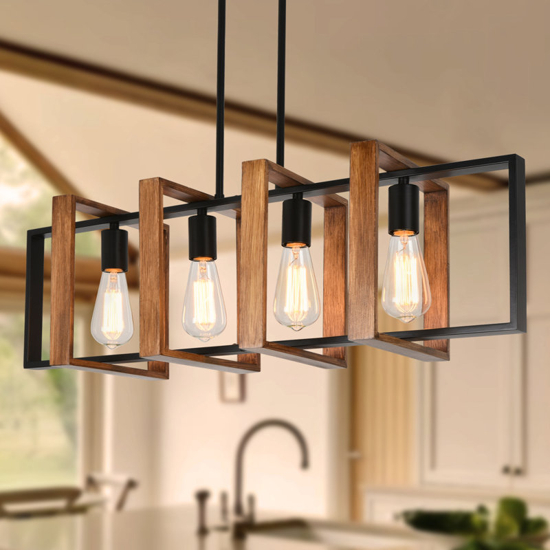 Rodnisha 4 - Light Square/Rectangle Linear Wooden Kitchen Island Pendant, Wood