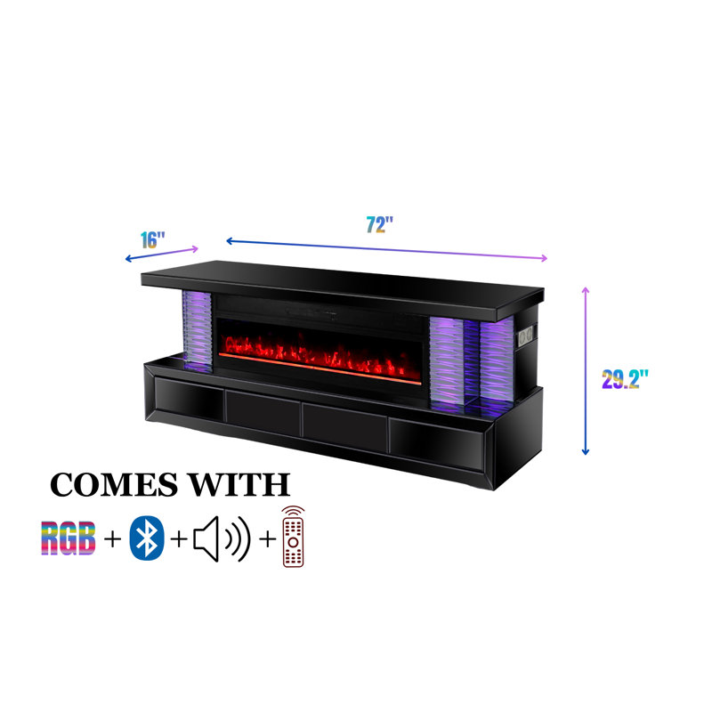 Meuble télé noir ultrabrillant / foyer électrique avec tiroirs, lumières à DEL RVB, haut-parleur Bluetooth, télécommande - aucun assemblage requis