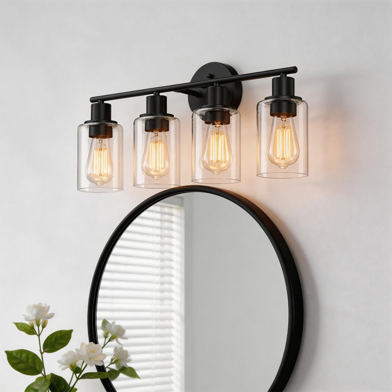 Éclairage pour meuble-lavabo Berume, Laiton vieilli, 4 lumières, Noir mat