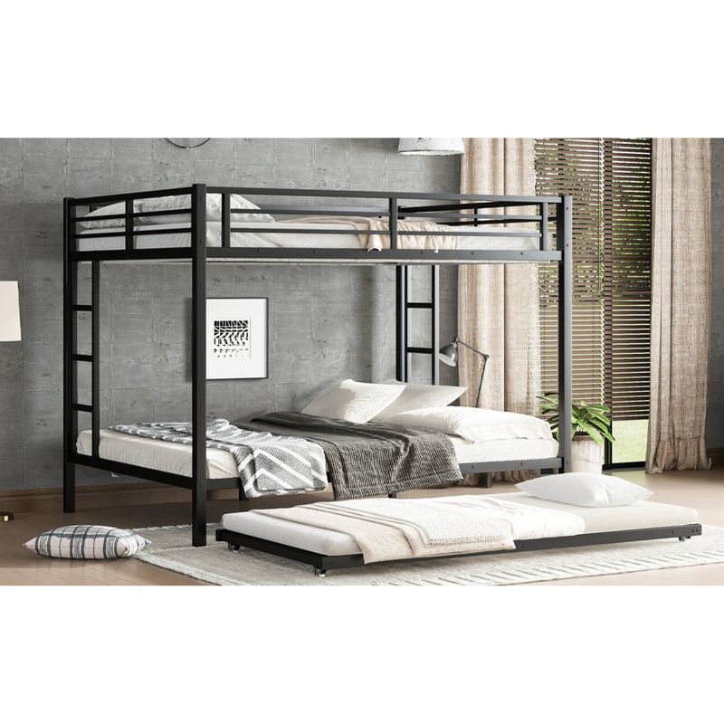 Queen Over Black Metal Bunk Bed With Trundle - Strong Support, Quiet Sleep, Space Utilization Storage Heavy Duty Build, Noise , Safe Guardrails