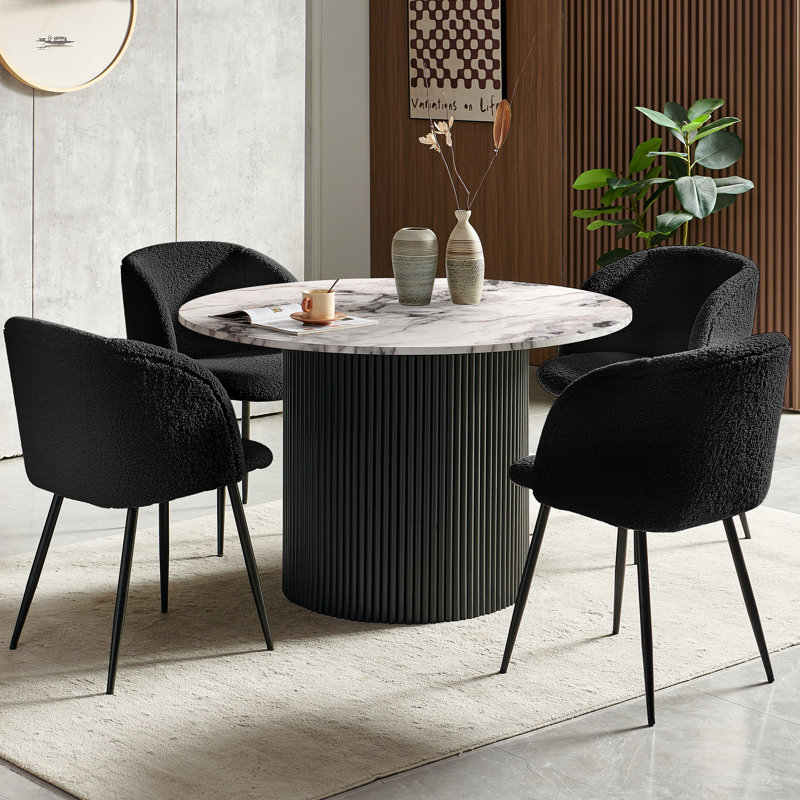 Round Table With Set Of Four Barrel Chairs, White