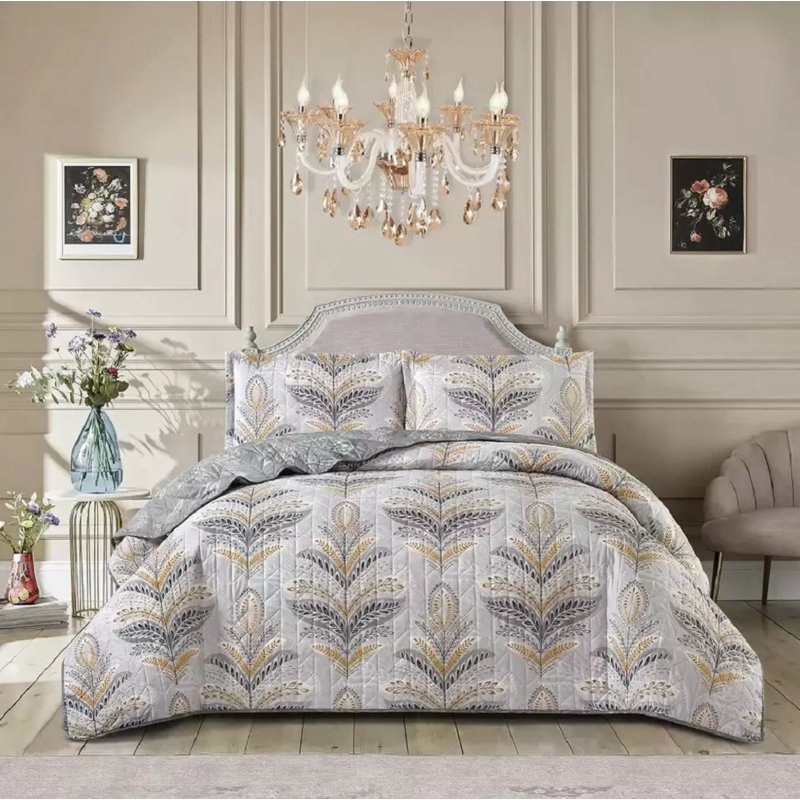 Printed Bedspread Set Floral Pattern with Matching Pillow Shams, Soft Microfiber Coverlet, Lightweight & All-Season Bedding