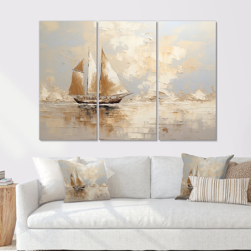 Bateau à voile sur la mer - ensemble de salon d'art mural à voile, H 32 po x l 48 po