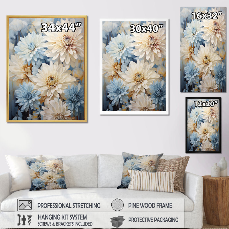 Minimalisme «Blooming Mums» en beige et bleu estompé sur toile, Cadre doré simple, H 32 po x l 16 po x P 1 po
