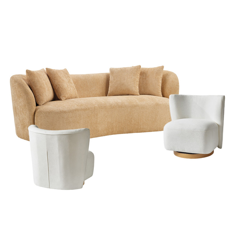 Ensemble de salon 3 pièces avec canapé incurvé et fauteuil Bhavin, 3 pièces: canapé, 2 fauteuils, Chameau / blanc