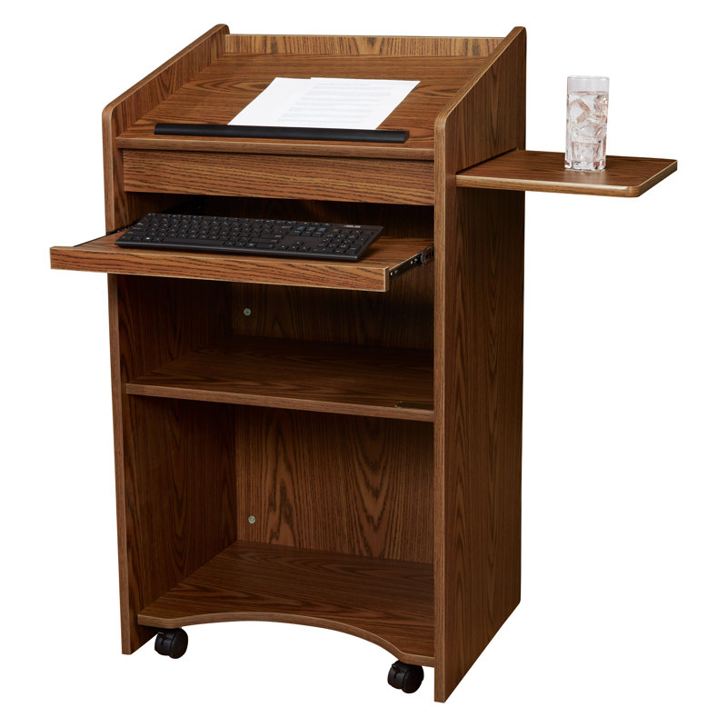 Medium Oak Rolling Workstation Lectern with Shelves