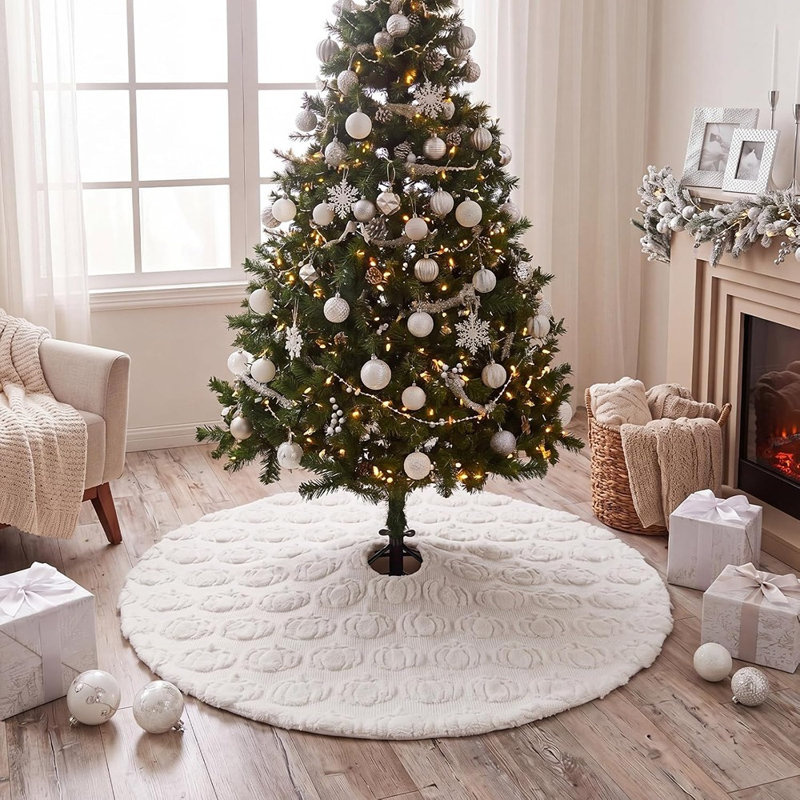 Jupe de sapin d'automne en peluche blanc crème avec citrouilles 3D – Décoration de ferme en fausse fourrure pour l'automne, l'Action de grâce et l'Halloween