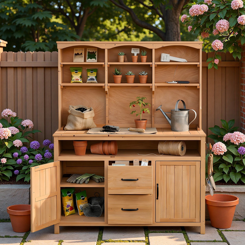 Banc de rempotage multifonctionnel avec 6 tablettes supérieures, 2 armoires inférieures, 2 tiroirs, une tablette inférieure ouverte, 3 crochets latéraux et un grand comptoir
