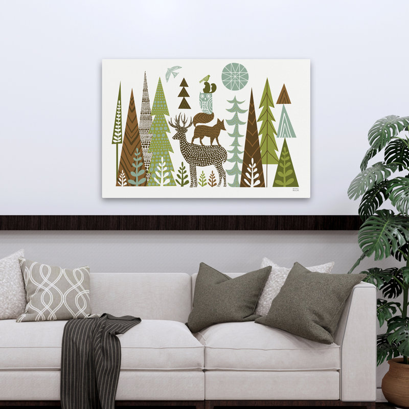 Forêt, Folklore vert, animaux, oiseaux, bleu, brun, H 32 po x l 48 po