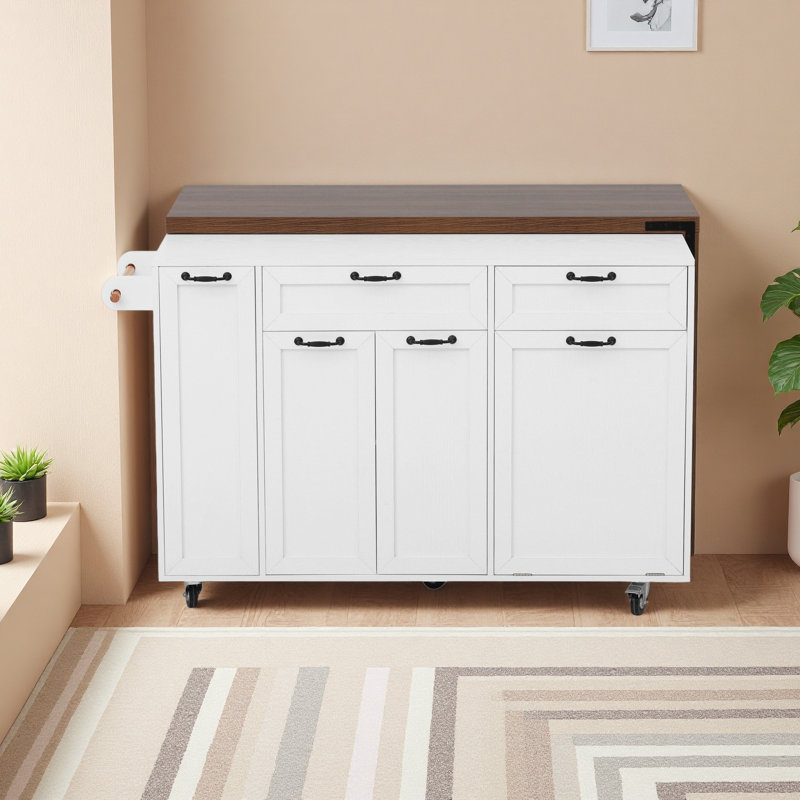 102.3" Kitchen Island With Extendable Dining Table, Kitchen Rolling Island Cart With Trash Storage Cabinet, 3-Tier Pull-Out Spice Rack