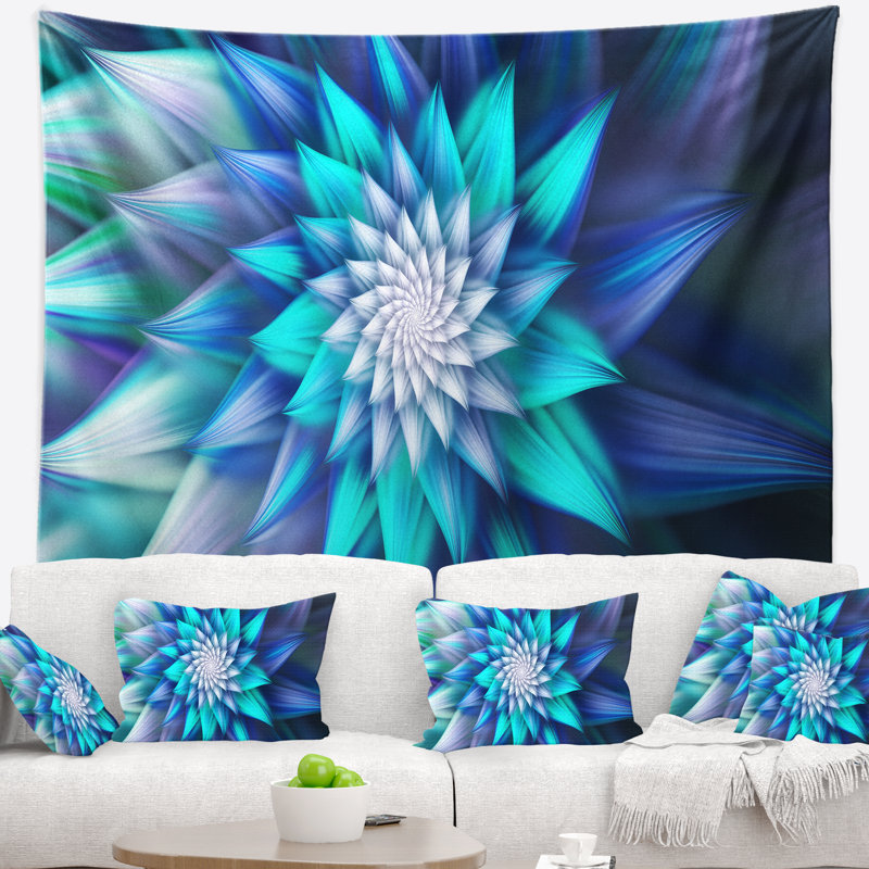 Grande tapisserie florale à motif fractal à motif floral bleu, H 68 po x l 80 po