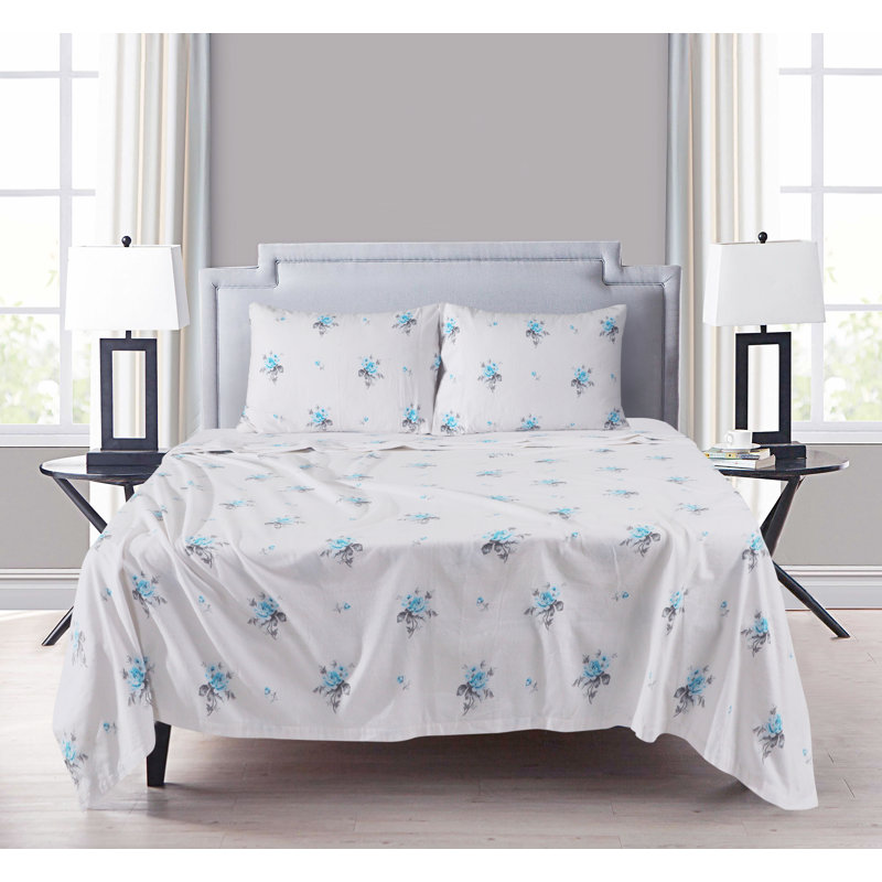 Ensemble de draps 100% flanelle de coton Colyt Floral, Très grand, Motif floral bleu