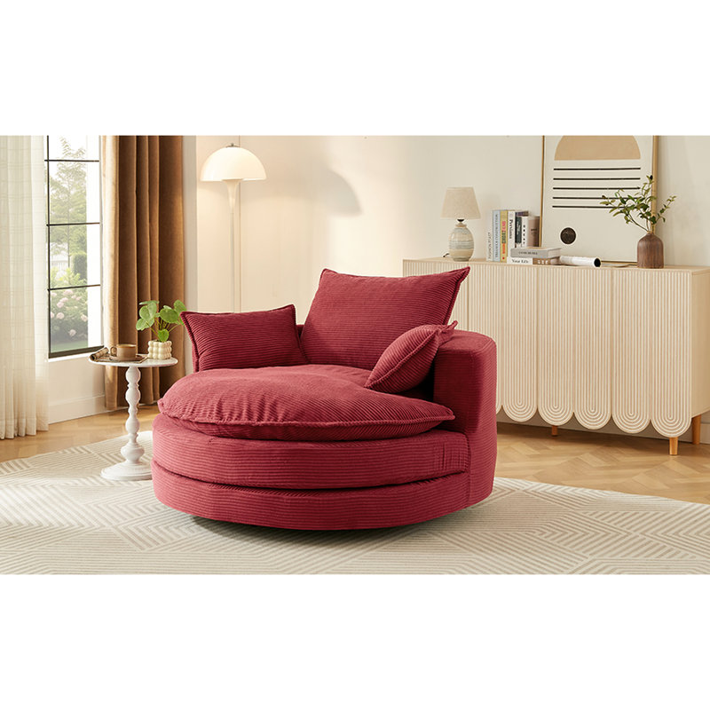 Fauteuil pivotant rond rouge à 360° avec coussin double couche, oreiller de soutien, mécanisme silencieux, revêtement en velours côtelé pour une sieste au bureau. Profondeur d'assise de 96,5 cm (38 pouces), 3 coussins amovibles, inclinaison douce.
