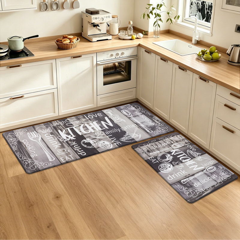 Tapis et tapis de cuisine anti-fatigue (ensemble de 2), Tapis de couloir 18 po x 30 po + 18 po x 48 po, Gris / Bois