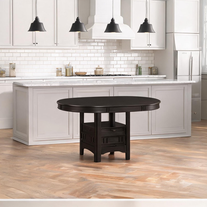 Table de salle à manger ovale avec finition espresso avec rallonge, 4 couverts, pied central en bois massif pour cuisine et salle à manger