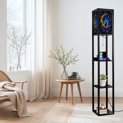 Lampe sur pied à DEL à intensité variable, chat noir céleste, croissant de lune, ciel étoilé, lampe sur pied en bois aggloméré avec télécommande, lumière 3 couleurs, pour le salon, la chambre à coucher