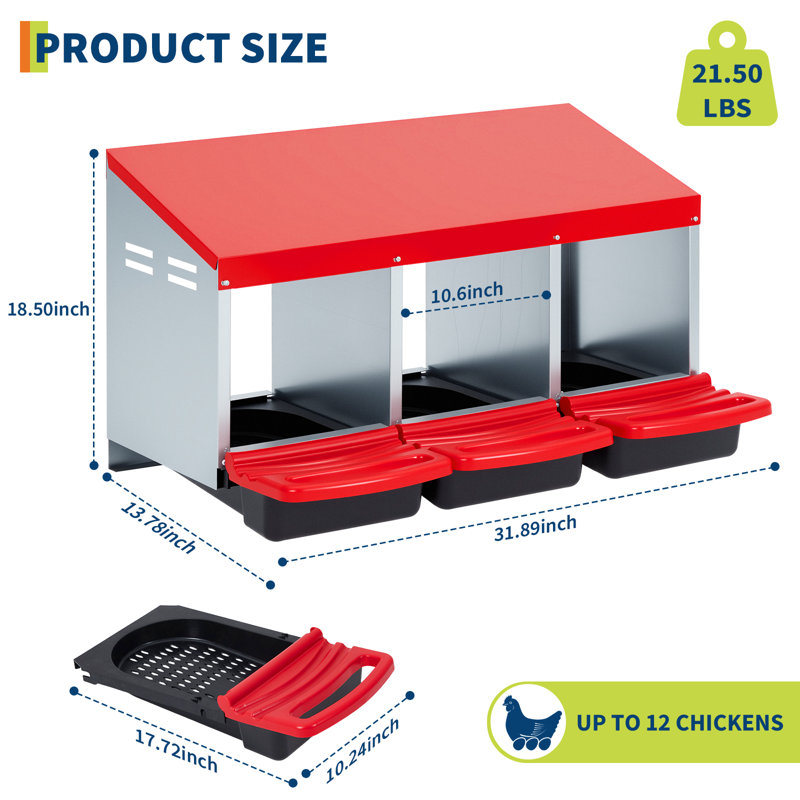 Boîtes de nidification pour poulets 3 compartiments, boîte à œufs coulissante en métal avec perchoir pivotant, boîte de nidification facile à nettoyer pour poulailler et poulaillers