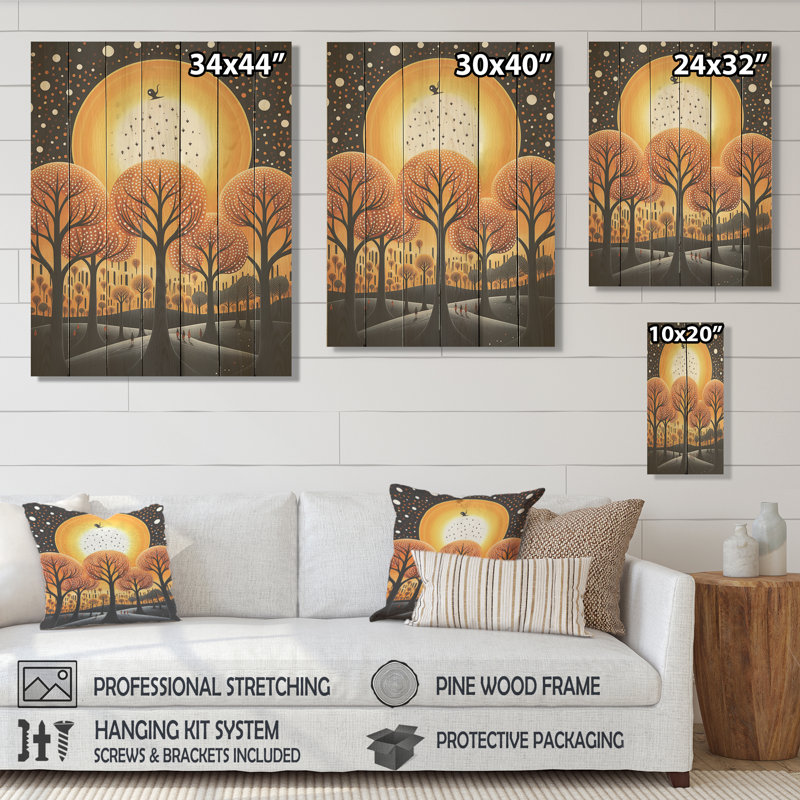 Moonlit - Forêt jaune et noire - Arbre sur bois, H 20 po x l 10 po