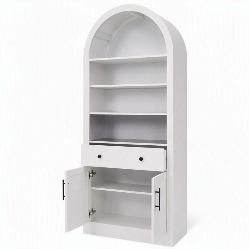 Bibliothèque haute cintrée avec portes à tiroirs et tablettes ajustables pour différents espaces, White(2PC)