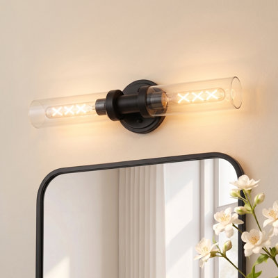 Black Sconces Wall Lighting, 2-Light Bathroom Dimmable Vanity Light W/Clear Glass Shade, Modern Wall Mounted Sconce for Mirror, Makeup Vanity, Kitchen, Washroom, Hallway, E26 T10 Bulbs