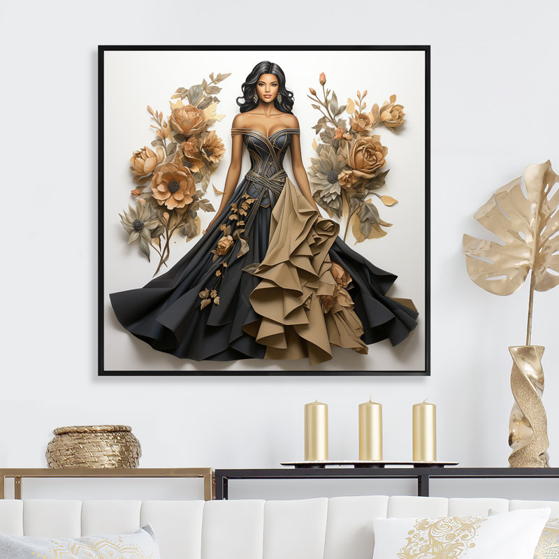 Haute Couture Elegance I - mode, art mural, Cadre flottant noir, H 16 po x l 16 po x P 1 po