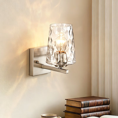 1-Light 5 in. Brushed Nickel Indoor Wall Sconce with Hammered Clear Glass Shade