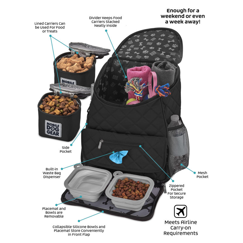 Black Quilted Rolling Dog Carrier Backpack with Accessories