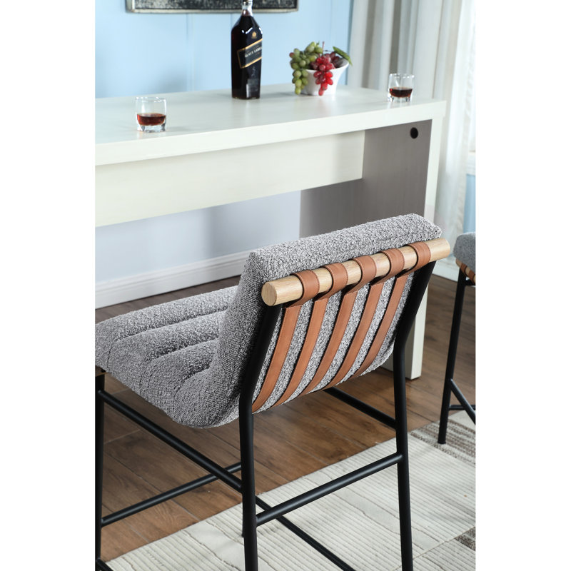 Chaise à hauteur de comptoir moderne grise en tissu bouclé et cuir élégante avec revêtement en tissu d'ameublement