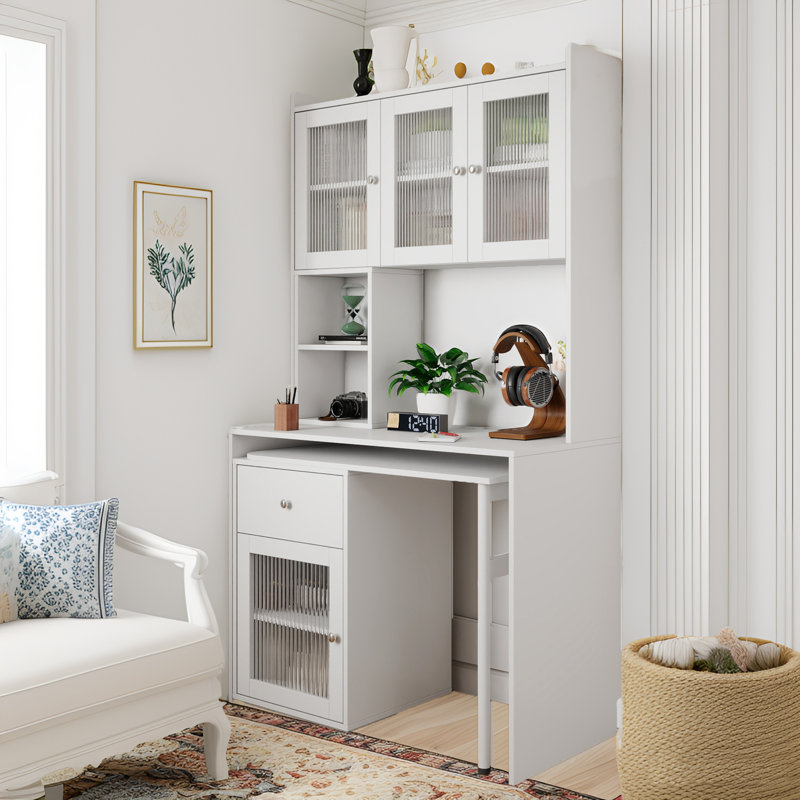 Bureau d'ordinateur en L avec bibliothèque et huche, table d'étude rotative à 90 ° pour le bureau à domicile, armoire moderne pour salon
