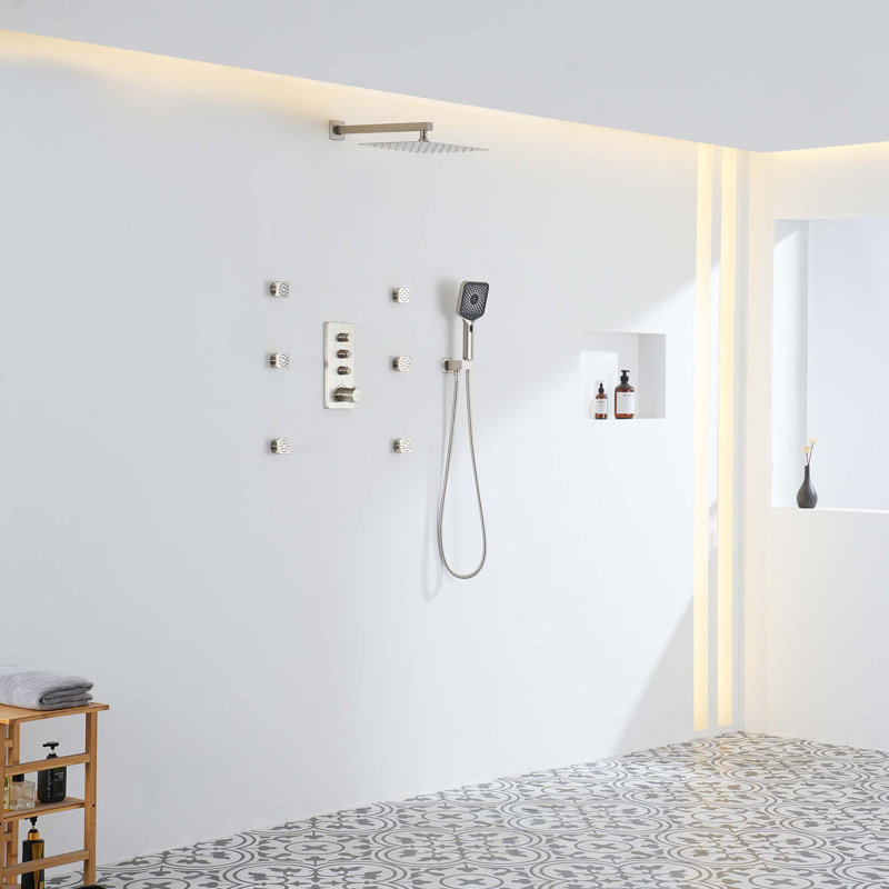 Système de douche thermostatique mural à 3 fonctions 12 po avec pomme de douche carrée, Nickel brossé