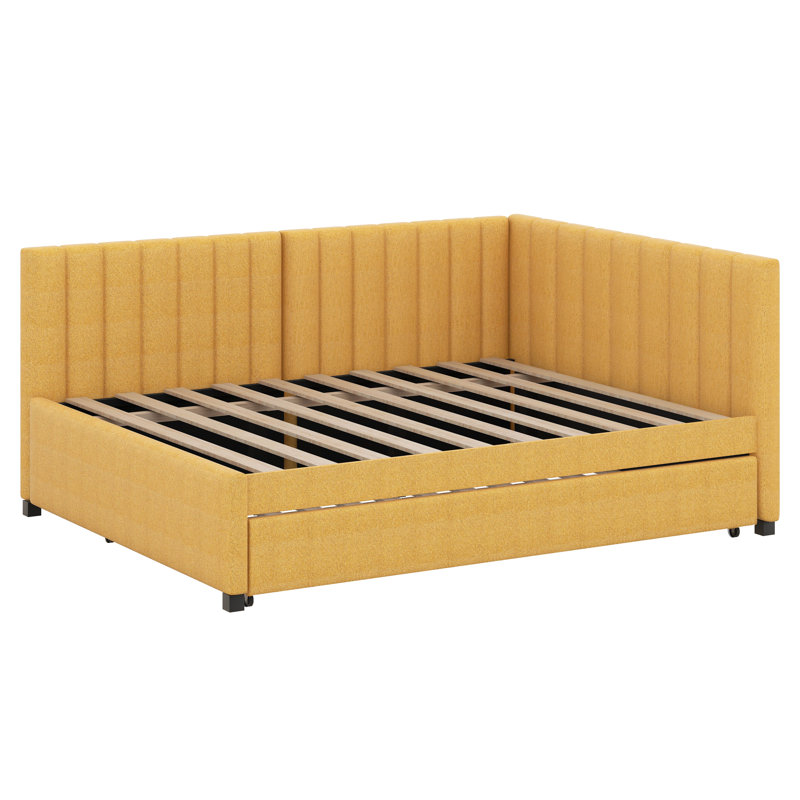 Full Size Upholstered Daybed With Trundle, Daybed With Wood Slats, Linen Fabric Sofa Bed Frame For Living Room, Yellow