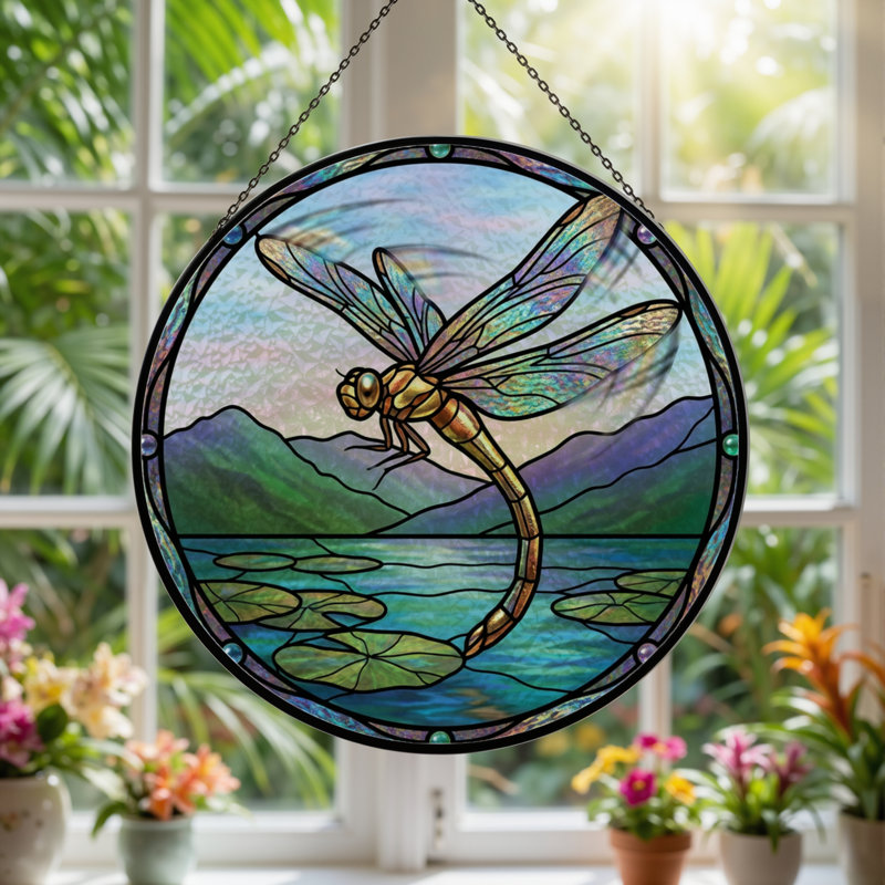 7.8"H Dragonfly Lake Stained Glass Window Panel, 7.8" H x 7.8" W