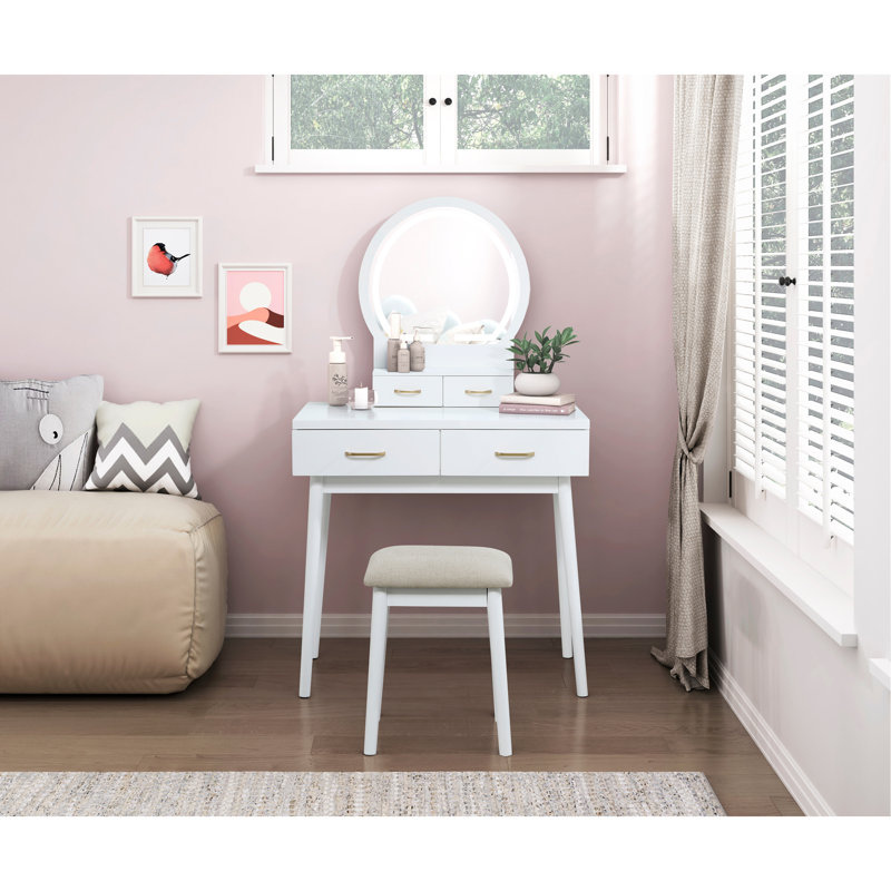 Commode de meuble-lavabo de luxe à finition blanche avec miroir et tabouret à DEL, grand rangement pour les cosmétiques et les accessoires