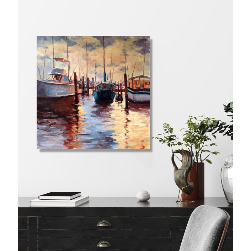 Docks At Sunset - Artist Enhanced Canvas Print, Brown Framed Canvas, 48" H x 48" W x 1.75" D
