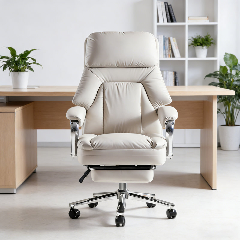 Fauteuil de direction inclinable électrique en cuir crème 47,64 po de qualité supérieure, fauteuil de bureau ergonomique avec support lombaire, fauteuil de bureau inclinable avec roulettes