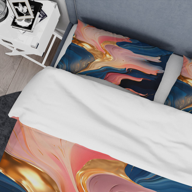 Ensemble de housse de couette à encre liquide rose et or, Housse de couette simple + 1 taie décorative stan