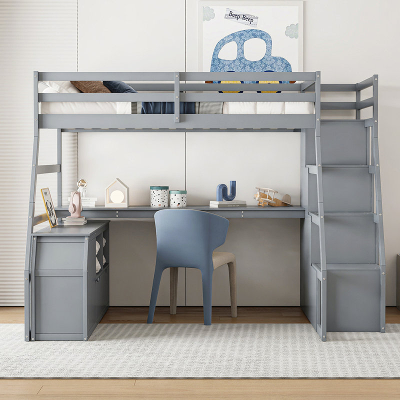 Lit mezzanine avec 7 tiroirs, 2 tablettes et un bureau, gris, Double