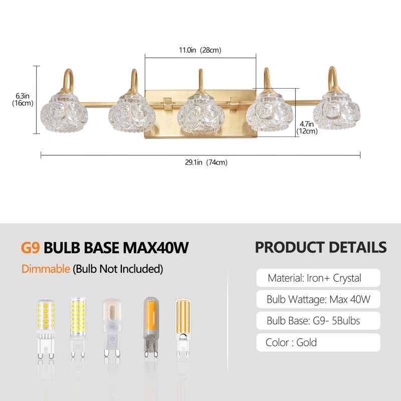 Retro 5-Light Bathroom Vanity Light with Crystal Glass, Golden