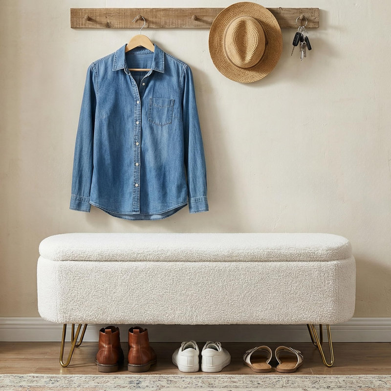 Modern Comfy Upholstered Bedroom Storage Bench, Ivory