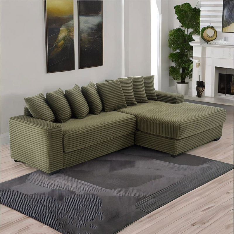 Daishun Corduroy Sectional, Right Hand Facing, Green Corduroy