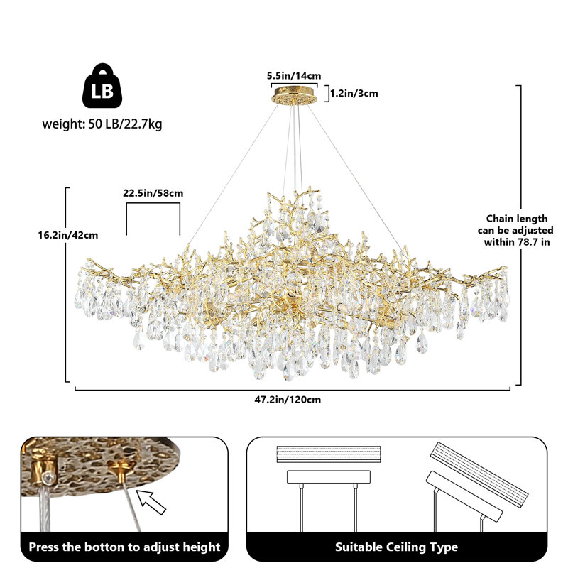 Lustre en cristal K9, Doré, 14