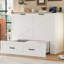 Lit plateforme double pliable avec dispositif de charge et beaucoup d'espace de rangement, armoire en blanc pour petite chambre d'amis