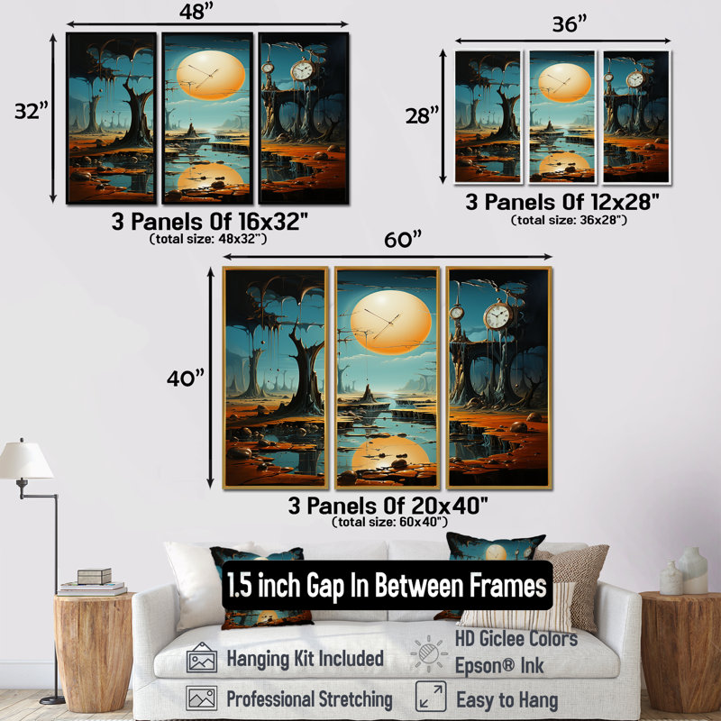 «The Persistance Of Dali», art mural surréalisme, H 40 po x l 60 po, Cadre flottant brun