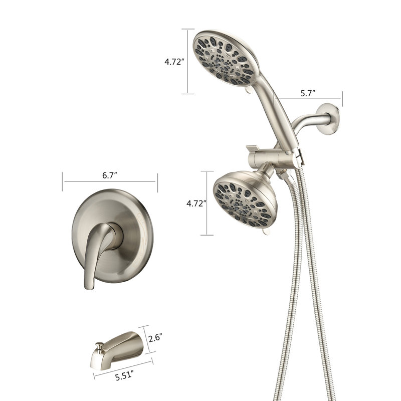 Wall Mounted Dual Shower Head System With Tub Spout - High Valve . 7 Spray Patterns. Brushed Nickel 2 In 1 Faucet Valve. Modes For A Relaxing Bath Experience. Finish