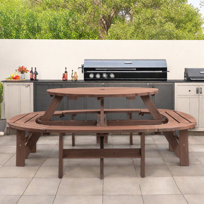 10-12-person Round Outdoor Wooden Picnic Table With 1 Built-in Ring Stool, An Umbrella Hole And Natural Wood Grain by Lark Manor