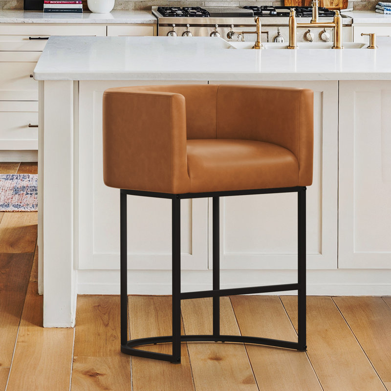 27''Upholstered Counter Stool with Curved Barrel Back, U-Shaped Metal Base, and Footrest