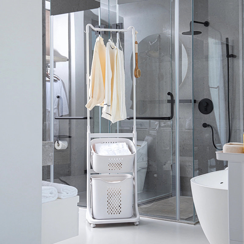 2-tier Laundry Hamper Sorter With Hanging Bar, Rolling Laundry Baskets With Removable Wheels, Stackable Laundry Cart Organizer For Small Space, Dorm, Closet, Bathroom