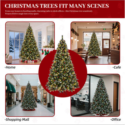 Arbre de Noël pré-éclairé, décoration de Noël artificielle pré-décorée en pin givré de 7,5 pi avec embouts givrés, pommes de pin, baies, base en métal pour bureau de fêtes
