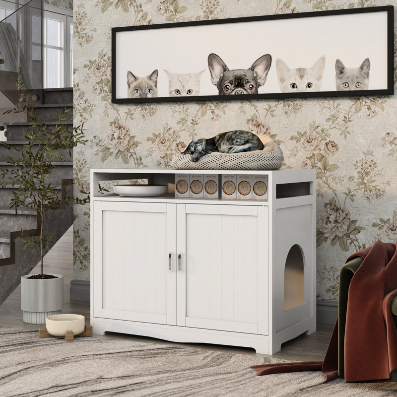 Enceinte de litière pour chat avec 2 portes, fiche cachée et, blanc, pour la détente du chat, l 31,5 po x P 20 po, White